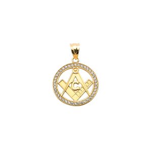 Men's CZ Studded Masonic Charm Pendant Necklace in 9ct Gold