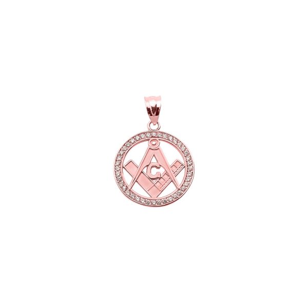 Men's CZ Studded Masonic Charm Pendant Necklace in 9ct Rose Gold