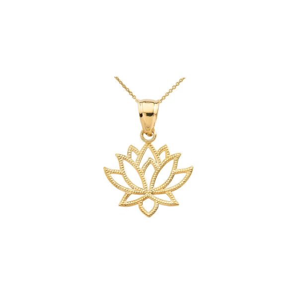 Studded Sacred Lotus Pendant Necklace in 9ct Gold