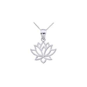 Studded Sacred Lotus Pendant Necklace in 9ct White Gold