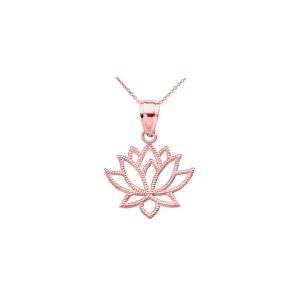 Studded Sacred Lotus Pendant Necklace in 9ct Rose Gold