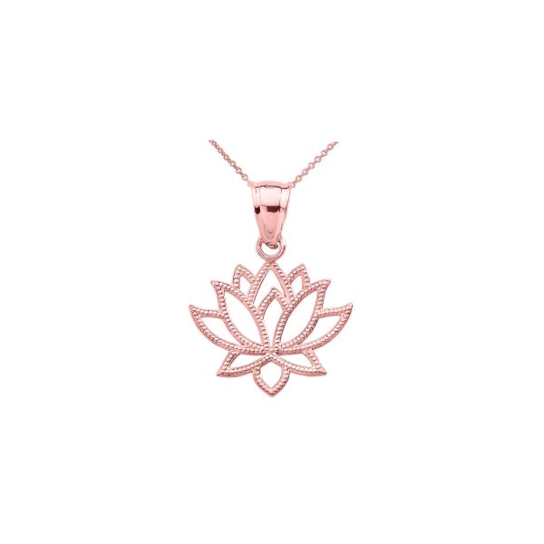 Studded Sacred Lotus Pendant Necklace in 9ct Rose Gold