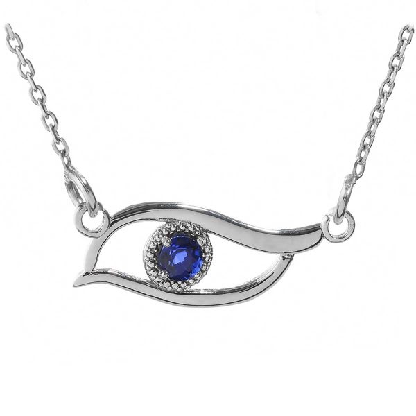 Blue CZ Evil Eye Pendant Necklace in Sterling Silver