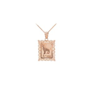 Aries Zodiac Rectangular Pendant Necklace in 9ct Rose Gold