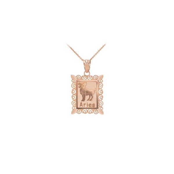 Aries Zodiac Rectangular Pendant Necklace in 9ct Rose Gold