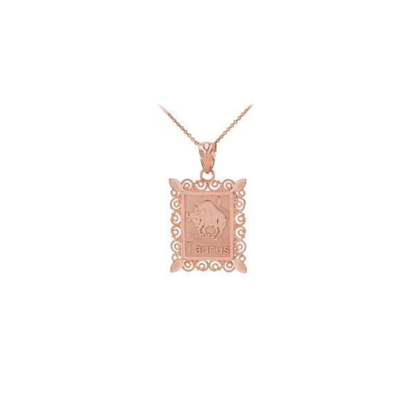 Taurus Zodiac Rectangular Pendant Necklace in 9ct Rose Gold