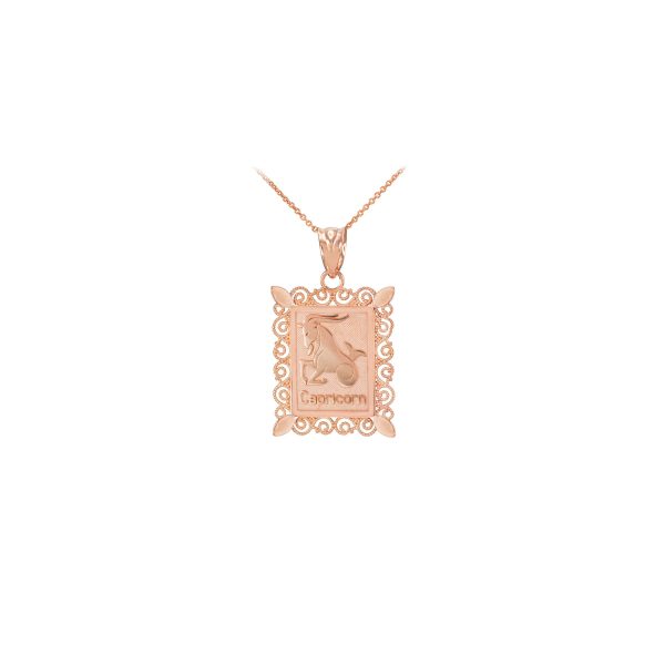 Capricorn Zodiac Filigree Pendant Necklace in 9ct Rose Gold