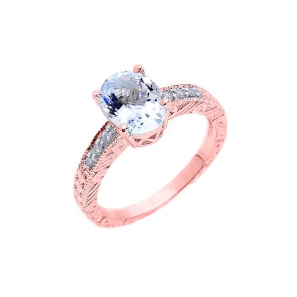 Aquamarine & Diamond Art Deco Ring in 9ct Rose Gold