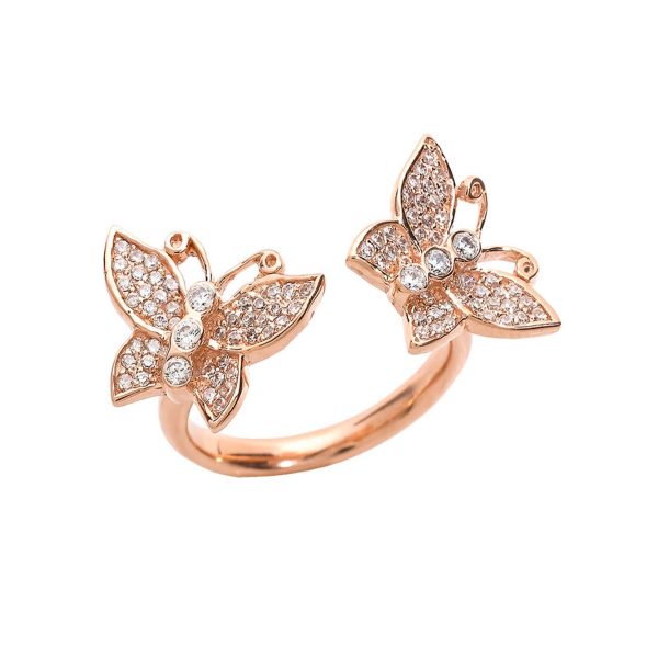 Diamond Studded Double Butterfly Ring in 9ct Rose Gold