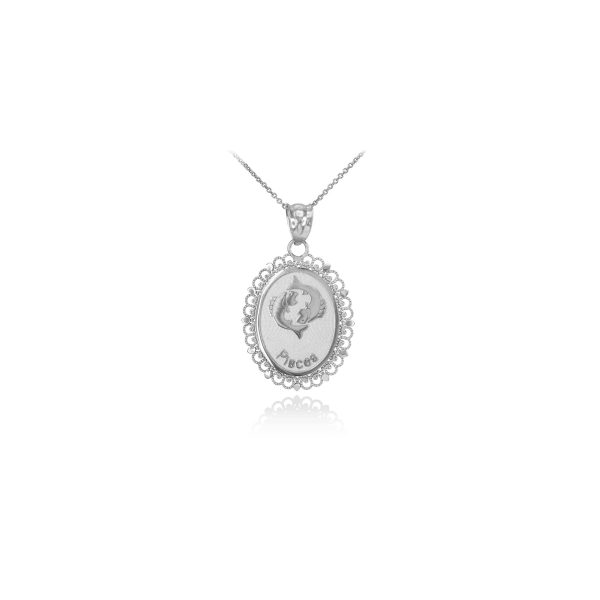 Pisces Zodiac Filigree Oval Pendant Necklace in 9ct White Gold