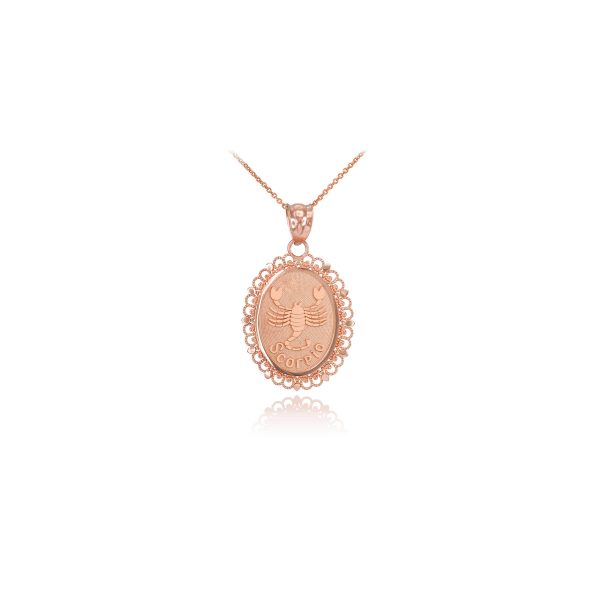 Scorpio Zodiac Filigree Oval Pendant Necklace in 9ct Rose Gold