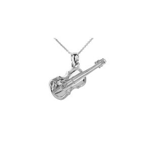 3D Violin Charm Pendant Necklace in 9ct White Gold