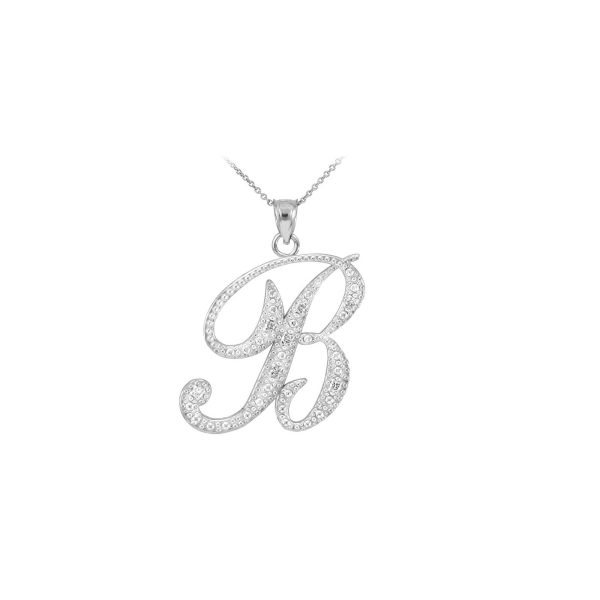 Letter B CZ Script Pendant Necklace in Sterling Silver