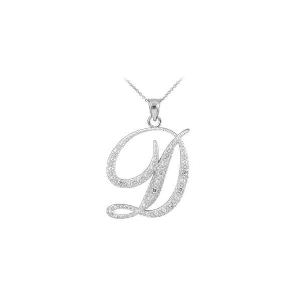 Letter D Diamond Script Pendant Necklace in 9ct White Gold