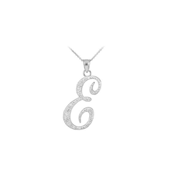 Letter E Diamond Signature Initial Pendant Necklace in 9ct White Gold