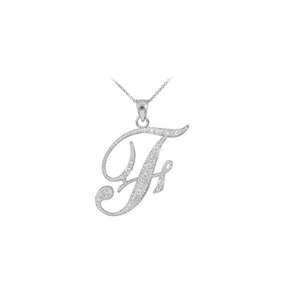 Letter F CZ Script Pendant Necklace in Sterling Silver