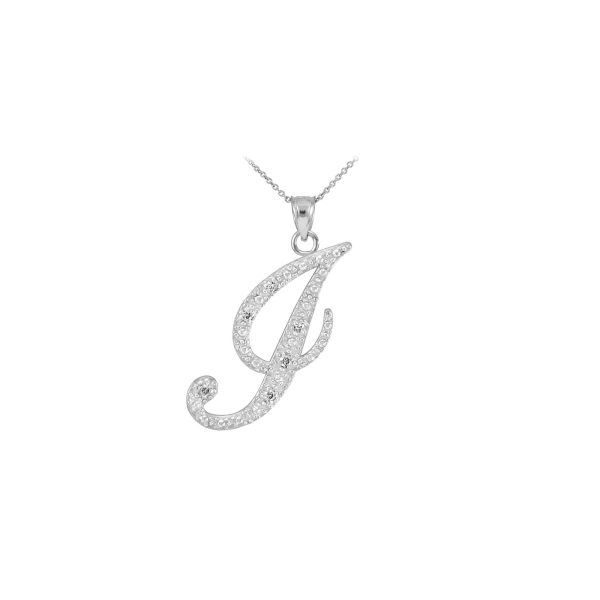 Letter J CZ Script Pendant Necklace in Sterling Silver