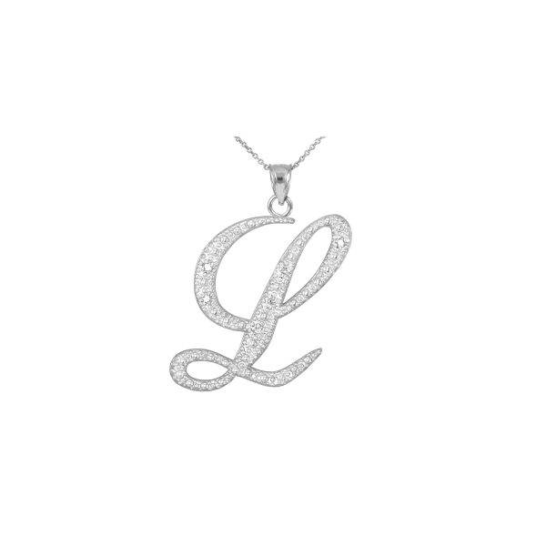 Letter L CZ Script Pendant Necklace in Sterling Silver