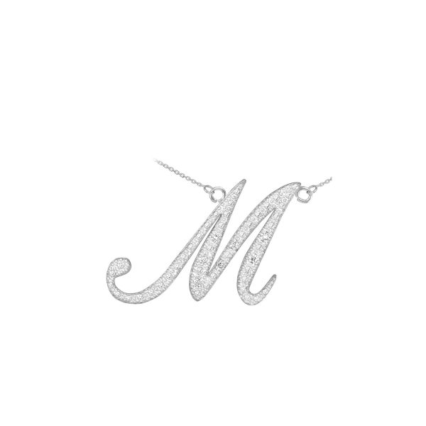 Letter M Diamond Script Pendant Necklace in 9ct White Gold