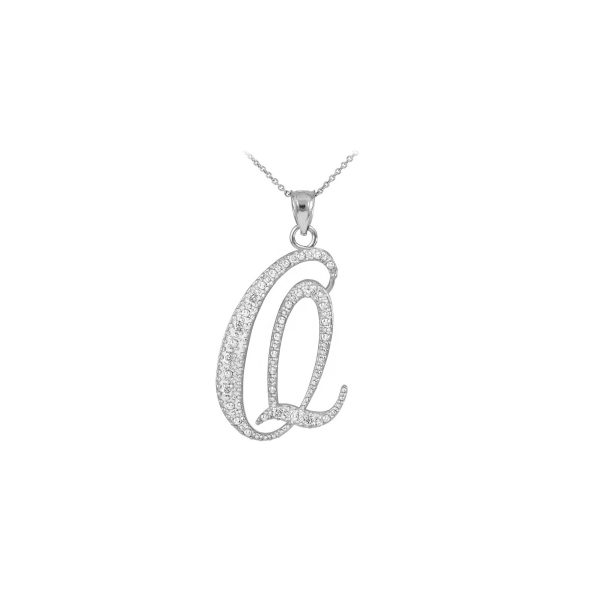 Letter Q Diamond Script Pendant Necklace in 9ct White Gold