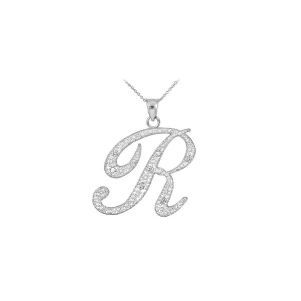 Letter R CZ Script Pendant Necklace in Sterling Silver