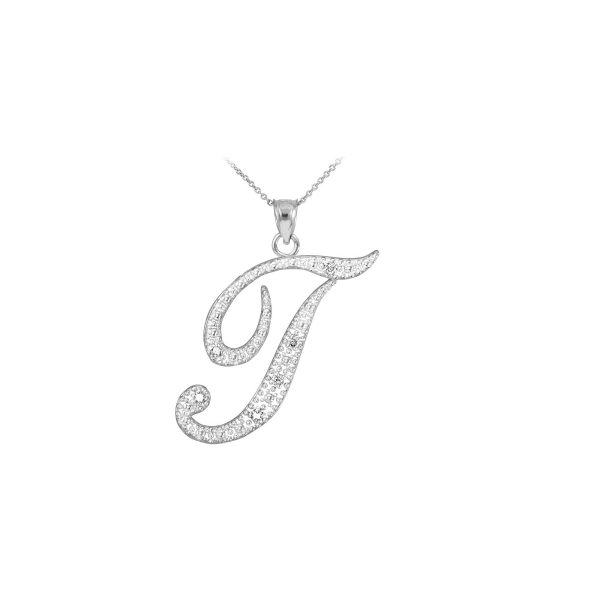 Letter T Diamond Script Pendant Necklace in 9ct White Gold