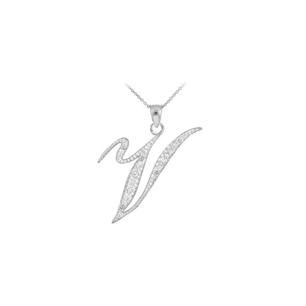 Letter V Diamond Script Pendant Necklace in 9ct White Gold