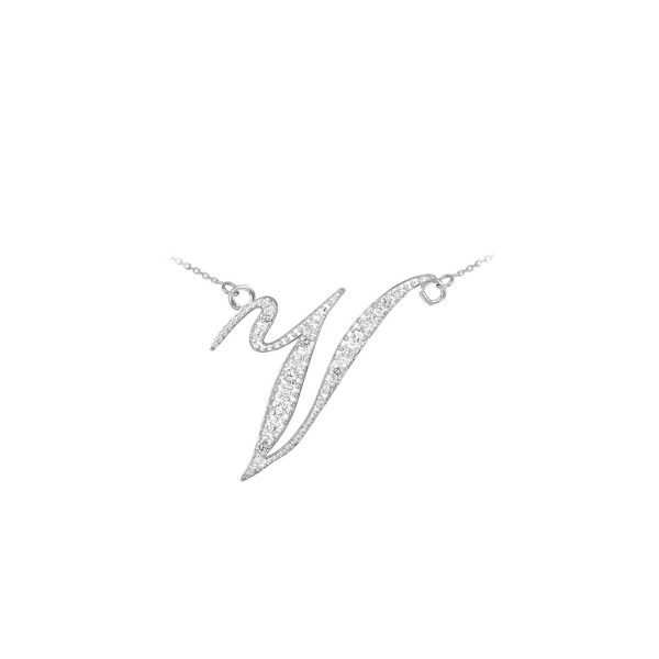 Letter V Diamond Script Pendant Necklace in 9ct White Gold