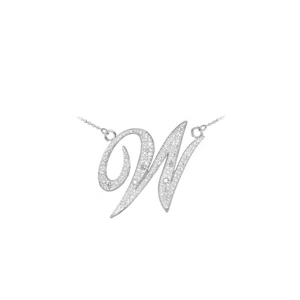 Letter W Diamond Script Pendant Necklace in 9ct White Gold