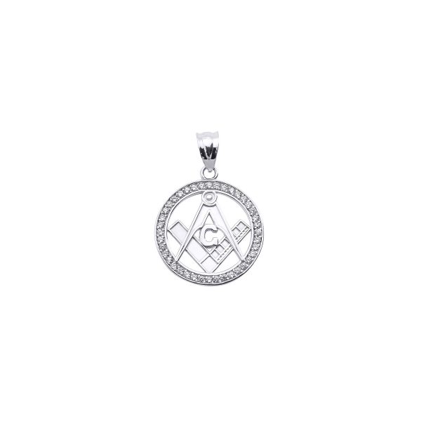 Men's CZ Studded Masonic Charm Pendant Necklace in 9ct White Gold