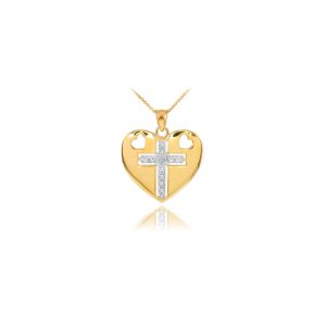 Diamond Framed Cross Heart Pendant Necklace in 9ct Two-Tone Gold