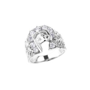 Men's CZ Horseshoe Horse Head Ring in Sterling Silver