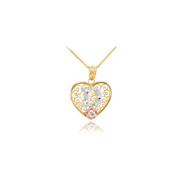 Letter D CZ Filigree Love Pendant Necklace in 9ct Two-Tone Gold, Small