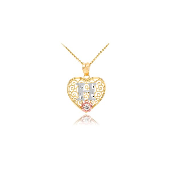 Letter H CZ Filigree Love Pendant Necklace in 9ct Two-Tone Gold, Small