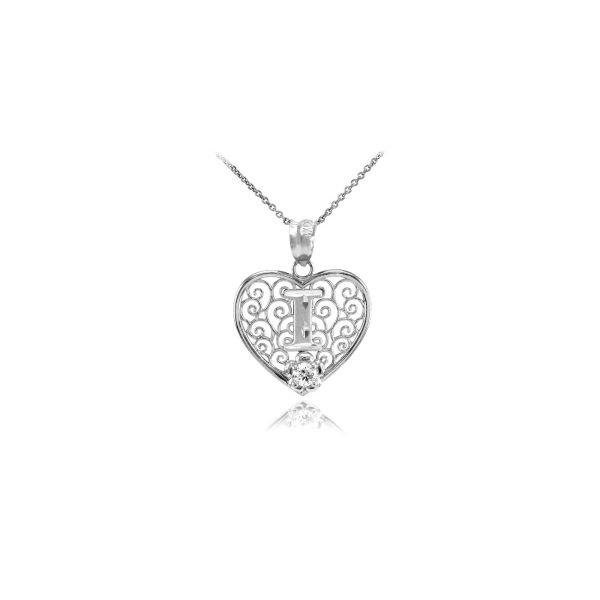 Letter I CZ Filigree Love Pendant Necklace in Sterling Silver, Small