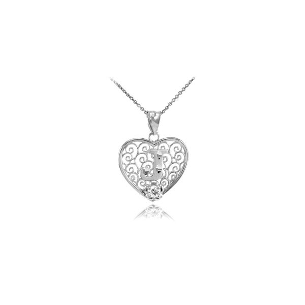 Letter J CZ Filigree Love Pendant Necklace in Sterling Silver, Small