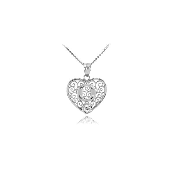 Letter O CZ Filigree Love Pendant Necklace in 9ct White Gold, Small