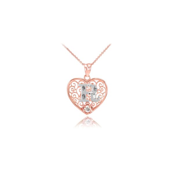 Letter R CZ Filigree Love Pendant Necklace in 9ct Two-Tone Rose Gold, Small