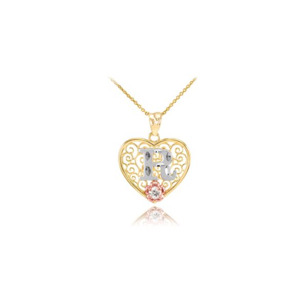 Letter R CZ Filigree Love Pendant Necklace in 9ct Two-Tone Gold, Small