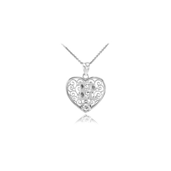 Letter R CZ Filigree Love Pendant Necklace in Sterling Silver, Small