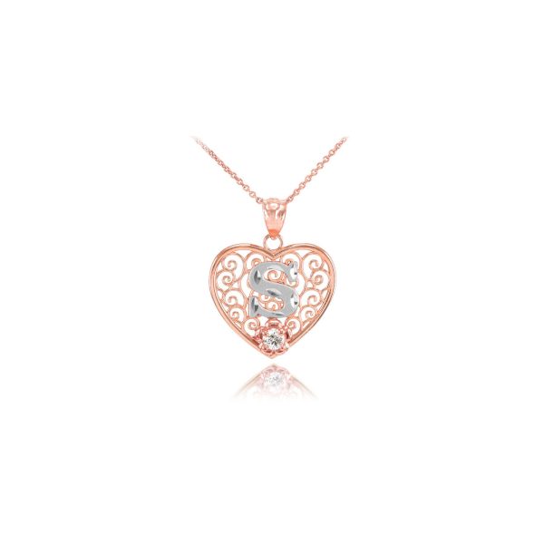 Letter S CZ Filigree Love Pendant Necklace in 9ct Two-Tone Rose Gold, Small