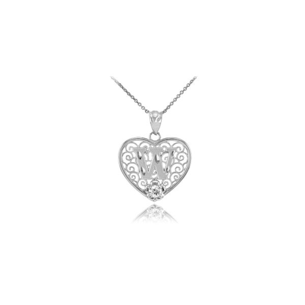 Letter W CZ Filigree Love Pendant Necklace in 9ct White Gold, Small