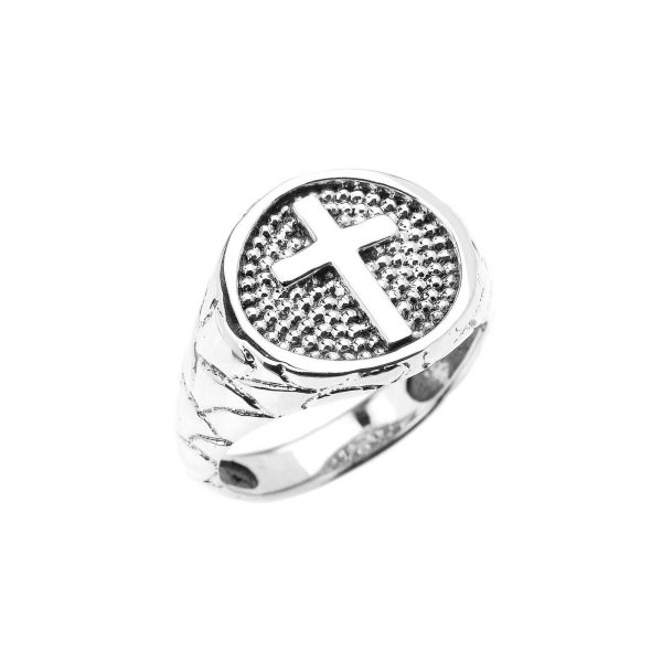 Men's Textured Band Cross Ring in Sterling Silver