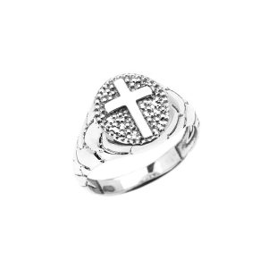 Men's Textured Oval Cross Ring in 9ct White Gold