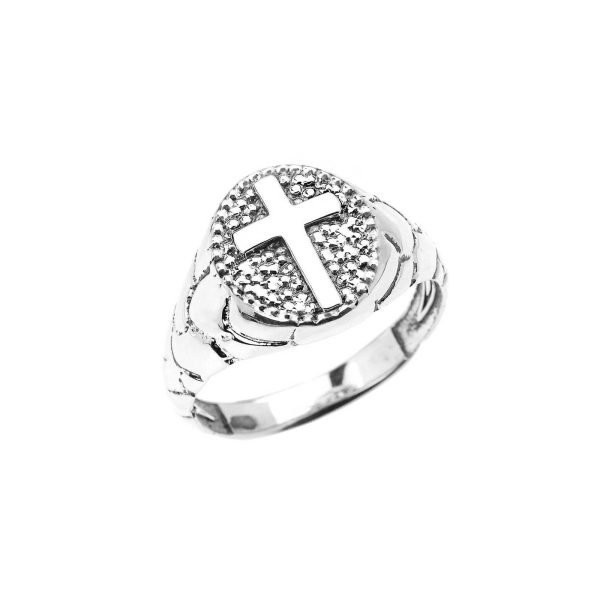 Men's Textured Oval Cross Ring in 9ct White Gold