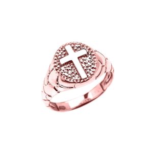 Men's Textured Band Oval Cross Ring in 9ct Rose Gold