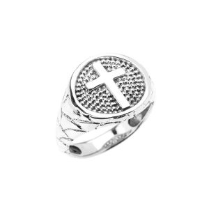 Men's Textured Band Cross Ring in 9ct White Gold