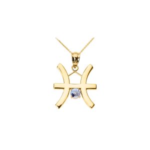 Aquamarine Statement Pisces Zodiac Gemstone Pendant Necklace in 9ct Gold