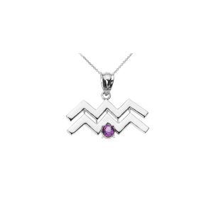 Amethyst Statement Aquarius Zodiac Gemstone Pendant Necklace in 9ct White Gold