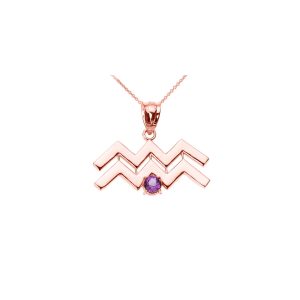 Amethyst Statement Aquarius Zodiac Gemstone Pendant Necklace in 9ct Rose Gold